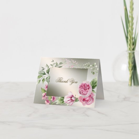 Waterverf Roze Bloemen Lijst Glanzend Bronzen Part Bedankkaart (Voorkant)