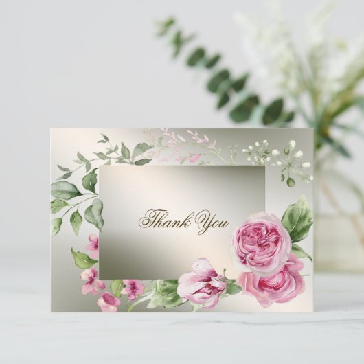 Waterverf Roze Bloemen Lijst Glanzend Bronzen Part Bedankkaart (Staand voorkant)