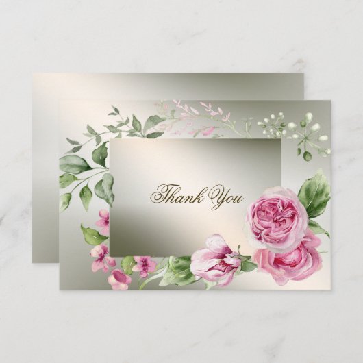 Waterverf Roze Bloemen Lijst Glanzend Bronzen Part Bedankkaart (Voorkant / Achterkant)
