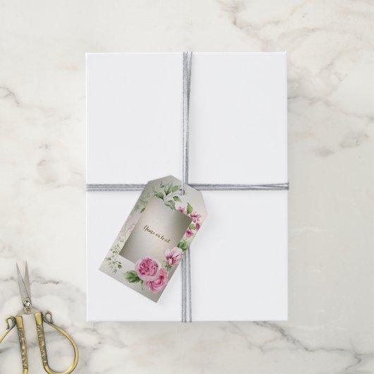 Waterverf Roze Bloemen Lijst Glanzend Bronzen Part Cadeaulabel (Met Touw)