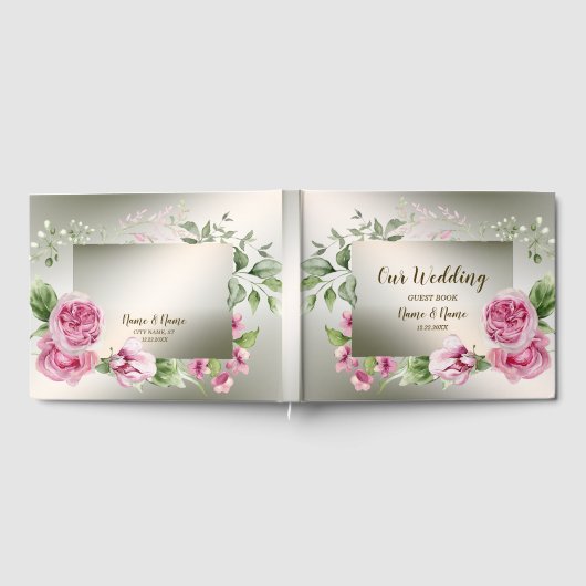 Waterverf Roze Bloemen Lijst Glanzend Bronzen Part Gastenboek (Volledig)
