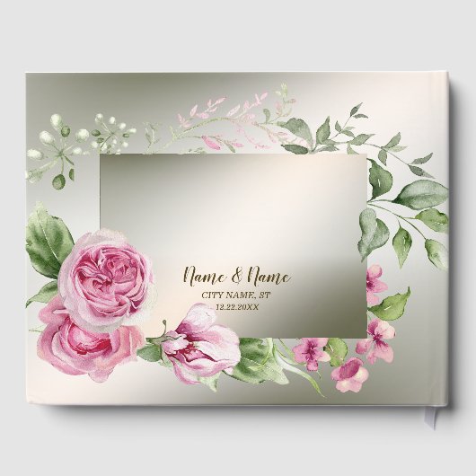 Waterverf Roze Bloemen Lijst Glanzend Bronzen Part Gastenboek (Achterkant)