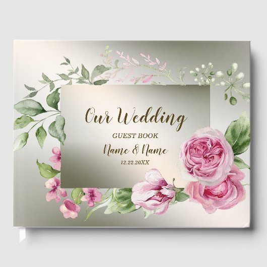 Waterverf Roze Bloemen Lijst Glanzend Bronzen Part Gastenboek (Voorkant)
