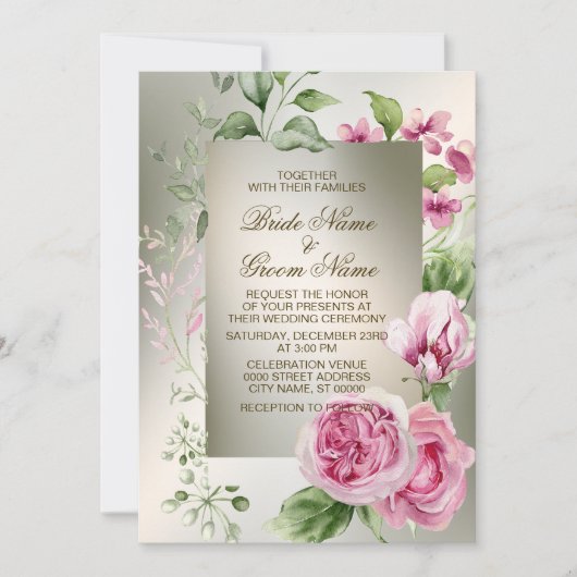 Waterverf Roze Bloemen Lijst Glanzend Bronzen Part Kaart (Voorkant)