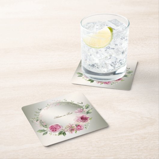 Waterverf Roze Bloemen Lijst Glanzend Bronzen Part Kartonnen Onderzetters (Insitu)