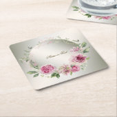 Waterverf Roze Bloemen Lijst Glanzend Bronzen Part Kartonnen Onderzetters (Schuin)