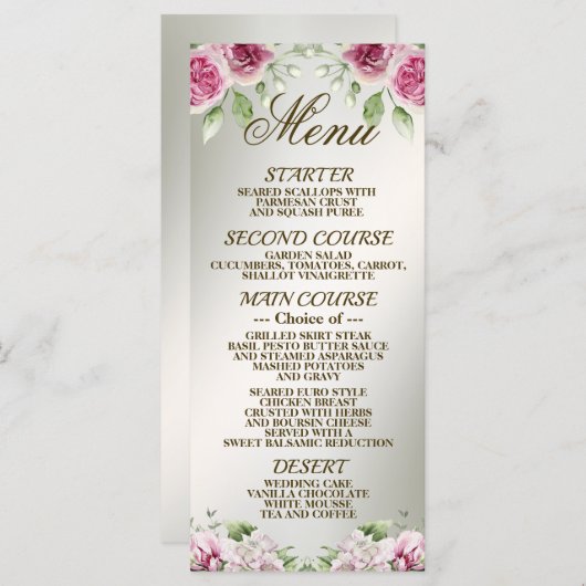 Waterverf Roze Bloemen Lijst Glanzend Bronzen Part Menu (Voorkant / Achterkant)