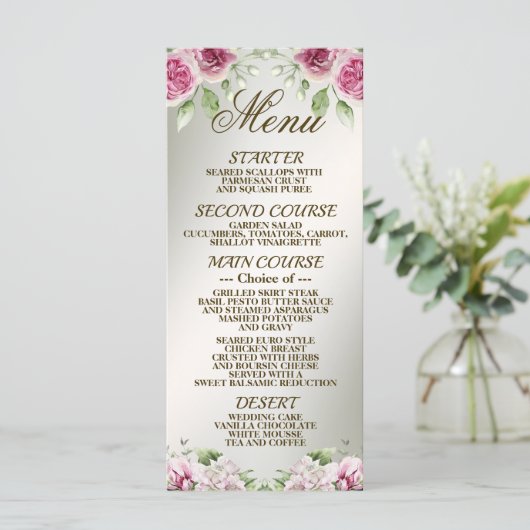 Waterverf Roze Bloemen Lijst Glanzend Bronzen Part Menu (Staand voorkant)
