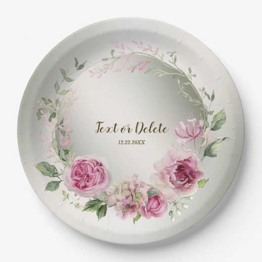 Waterverf Roze Bloemen Lijst Glanzend Bronzen Part Papieren Bordje (Voorkant)