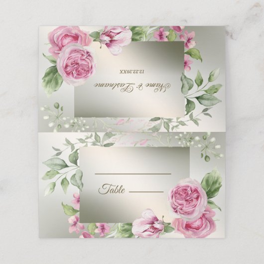 Waterverf Roze Bloemen Lijst Glanzend Bronzen Part Plaatskaartje (Buitenkant ongevouwen)