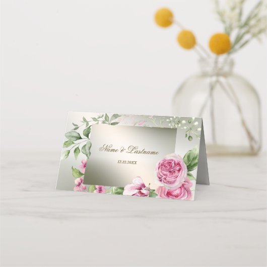 Waterverf Roze Bloemen Lijst Glanzend Bronzen Part Plaatskaartje (Achterkant)
