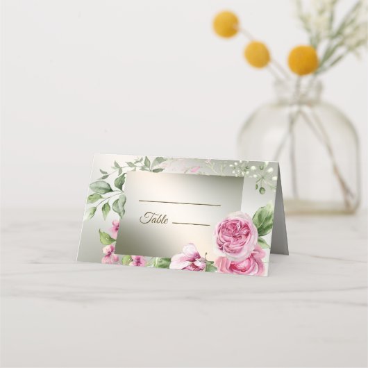Waterverf Roze Bloemen Lijst Glanzend Bronzen Part Plaatskaartje (Voorkant)