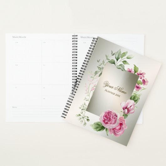 Waterverf Roze Bloemen Lijst Glanzend Bronzen Part Planner (Display)