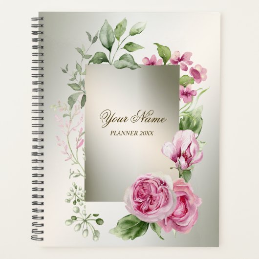 Waterverf Roze Bloemen Lijst Glanzend Bronzen Part Planner (Voorkant)