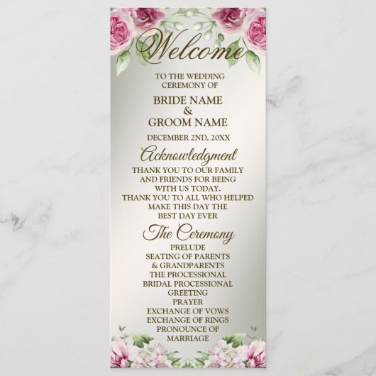 Waterverf Roze Bloemen Lijst Glanzend Bronzen Part Programmakaart (Voorkant)