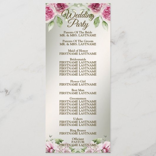 Waterverf Roze Bloemen Lijst Glanzend Bronzen Part Programmakaart (Achterkant)