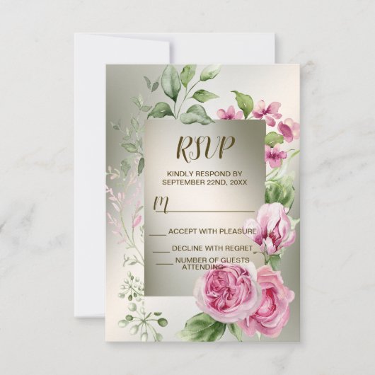 Waterverf Roze Bloemen Lijst Glanzend Bronzen Part RSVP Kaartje (Voorkant)