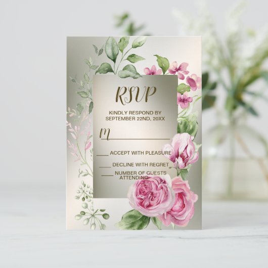 Waterverf Roze Bloemen Lijst Glanzend Bronzen Part RSVP Kaartje (Staand voorkant)