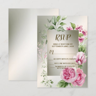 Waterverf Roze Bloemen Lijst Glanzend Bronzen Part RSVP Kaartje