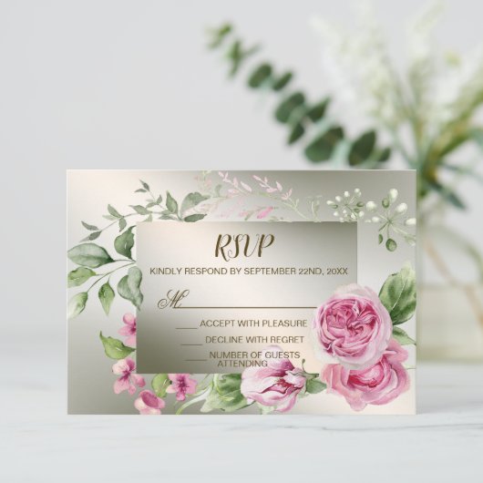 Waterverf Roze Bloemen Lijst Glanzend Bronzen Part RSVP Kaartje (Staand voorkant)