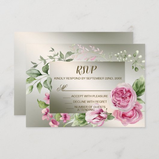 Waterverf Roze Bloemen Lijst Glanzend Bronzen Part RSVP Kaartje (Voorkant / Achterkant)