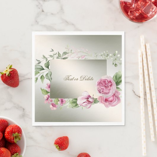 Waterverf Roze Bloemen Lijst Glanzend Bronzen Part Servet (Insitu)