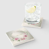 Waterverf Roze Bloemen Lijst Glanzend Bronzen Part Stenen Onderzetter (Zijkant)