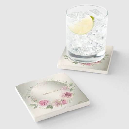 Waterverf Roze Bloemen Lijst Glanzend Bronzen Part Stenen Onderzetter (Zijkant)