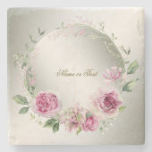 Waterverf Roze Bloemen Lijst Glanzend Bronzen Part Stenen Onderzetter (Voorkant)