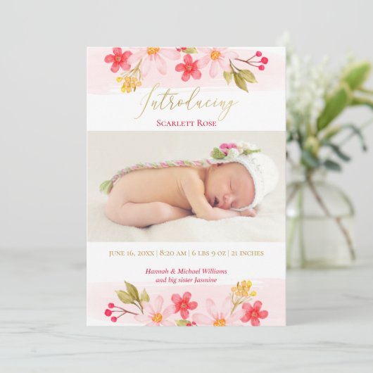 Waterverf Roze Bloemen Meisje Foto Geboorteaankond Aankondiging (Staand voorkant)
