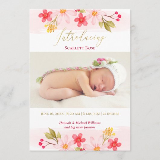 Waterverf Roze Bloemen Meisje Foto Geboorteaankond Aankondiging (Voorkant)
