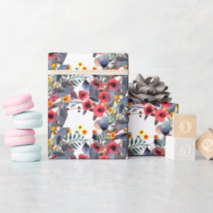 Waterverf roze bloemen met blauw-grijze bladeren cadeaupapier