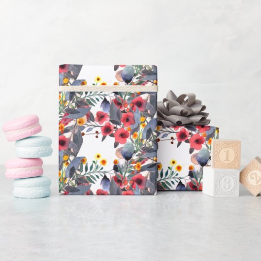 Waterverf roze bloemen met blauw-grijze bladeren cadeaupapier (Baby Shower)