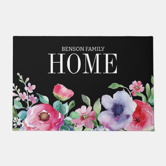 Waterverf Roze Bloemen Moderne familienaam Zwart Deurmat (Voorkant)