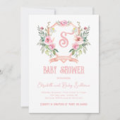 Waterverf Roze Bloemen Monogram Crest Baby shower Kaart (Voorkant)