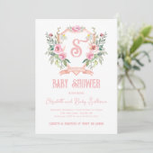Waterverf Roze Bloemen Monogram Crest Baby shower Kaart (Staand voorkant)