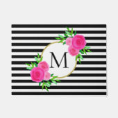 Waterverf Roze Bloemen Monogram Zwart Wit Streep Deurmat (Voorkant)