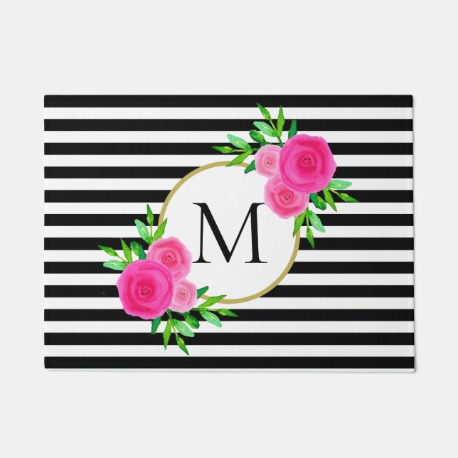 Waterverf Roze Bloemen Monogram Zwart Wit Streep Deurmat (Voorkant)