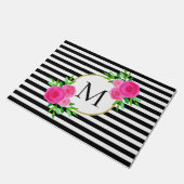 Waterverf Roze Bloemen Monogram Zwart Wit Streep Deurmat (Schuin)
