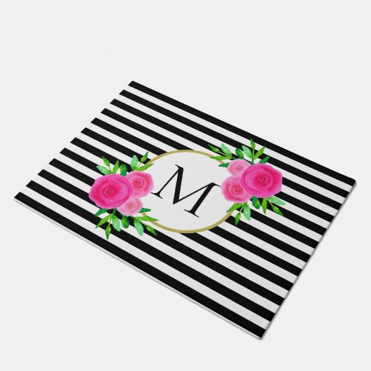 Waterverf Roze Bloemen Monogram Zwart Wit Streep Deurmat (Schuin)