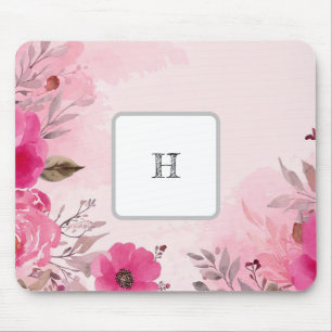 Waterverf Roze Bloemen op een Monogram Mousepad Muismat