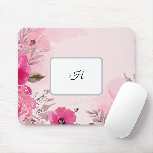 Waterverf Roze Bloemen op een Monogrammed Mousepad Muismat (Met muis)