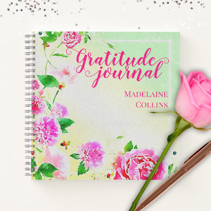 Waterverf roze bloemen op groen dankbaarheidsblad notitieboek