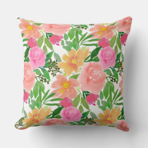 Waterverf roze bloemen op wit kussen
