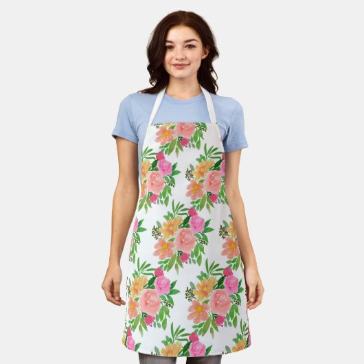 Waterverf roze bloemen op wit schort (Gedragen)