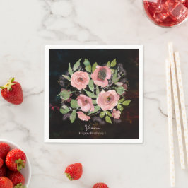 Waterverf Roze bloemen op Zwart Servet
