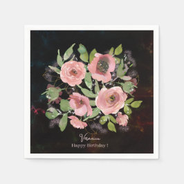 Waterverf Roze bloemen op Zwart Servet
