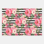 Waterverf Roze bloemen op zwarte witte strepen Inpakpapier Vel (Voorkant 3)