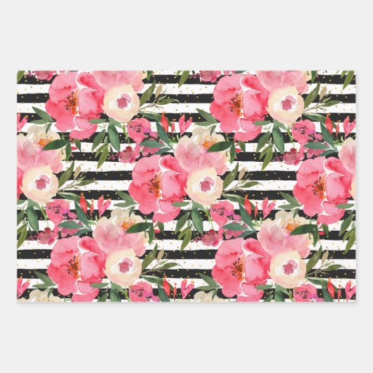 Waterverf Roze bloemen op zwarte witte strepen Inpakpapier Vel (Voorkant 3)