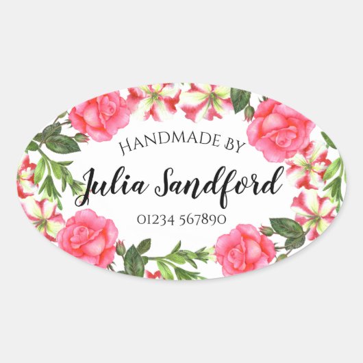 Waterverf Roze Bloemen Ovaal Krans Ontwerp Ovale Sticker (Voorkant)